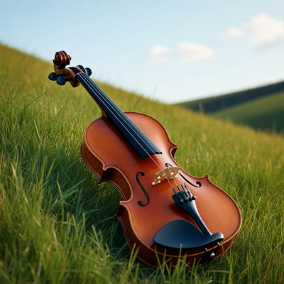 Violin lying on green grass