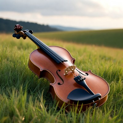 Violin lying in green field
