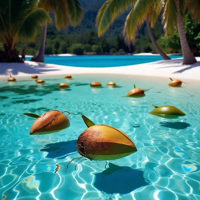 Floating Coconuts in Tropical Lagoon