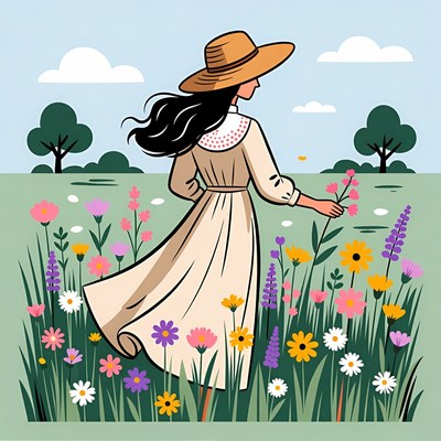 Woman in wide hat picking flowers