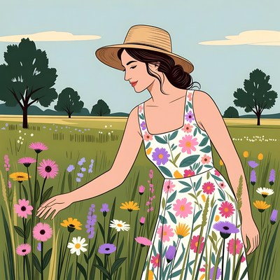 Woman in floral dress picking wildflowers
