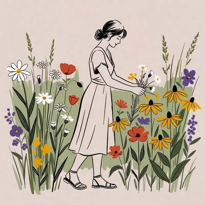 Woman picking wildflowers in garden