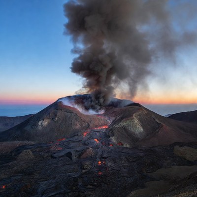Erupting Volcano at Sunset
