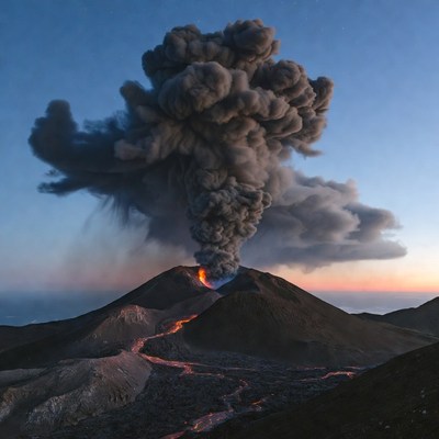 Erupting Volcano at Sunset