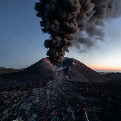 Erupting Volcano with Lava Flows