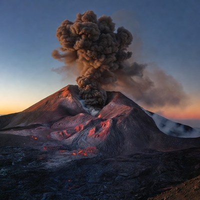 Erupting Volcano at Sunset
