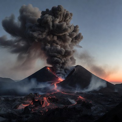Erupting Twin Volcanoes at Sunset