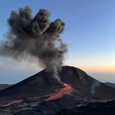 Erupting Volcano with Lava Flows