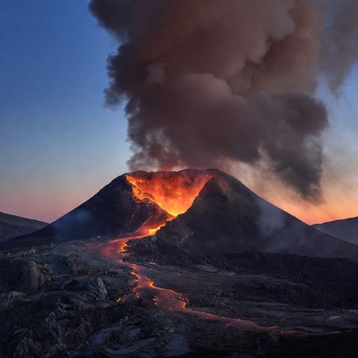 Erupting Volcano with Lava Flow