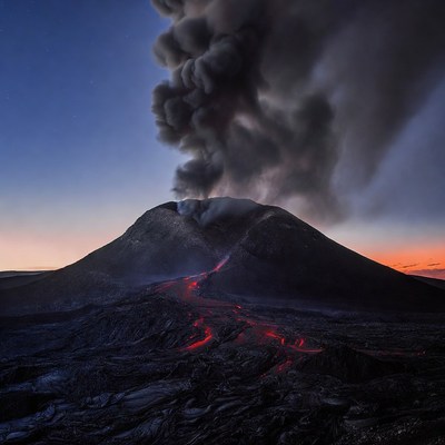 Volcano erupting with lava flows