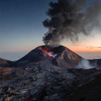 Active Volcano Erupting at Sunset