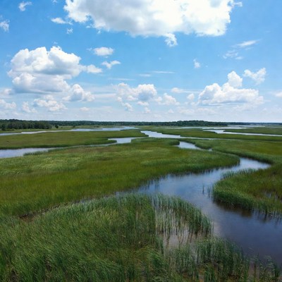 Marshland with Channels under Blue Sky