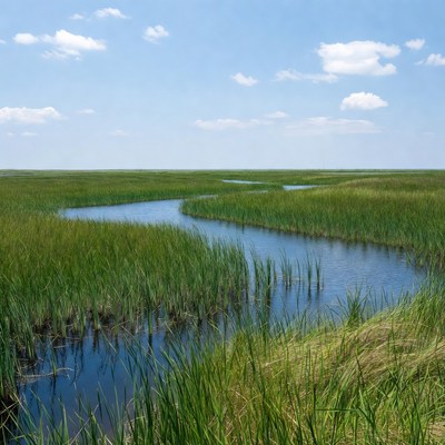 Winding River in Marsh Grassland