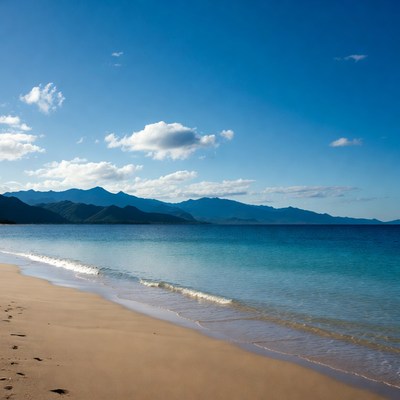 Sandy Beach with Turquoise Ocean and Mountains