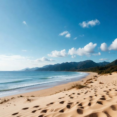 Sandy Beach with Footprints and Mountains