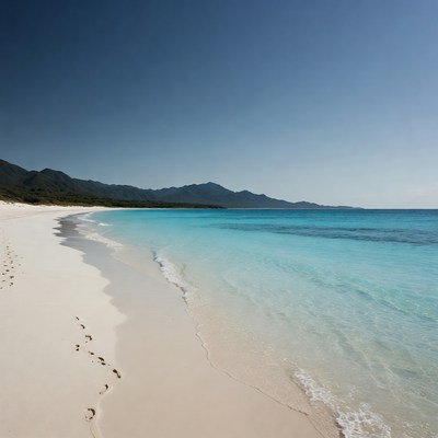 Sandy Beach with Footprints and Mountains