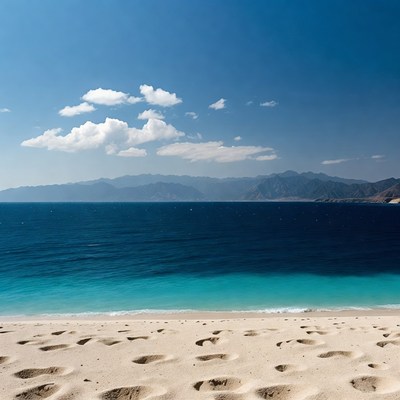 Sandy Beach with Footprints and Mountains