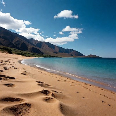 Sandy Beach with Footprints and Mountains