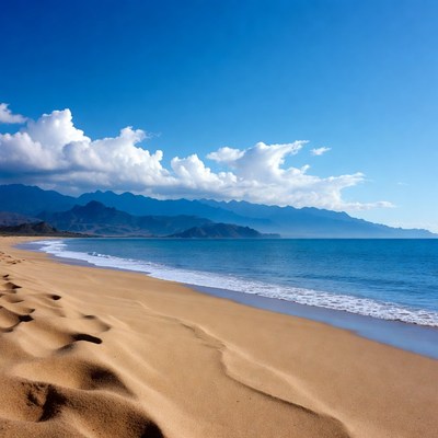 Sandy Beach with Mountains and Ocean