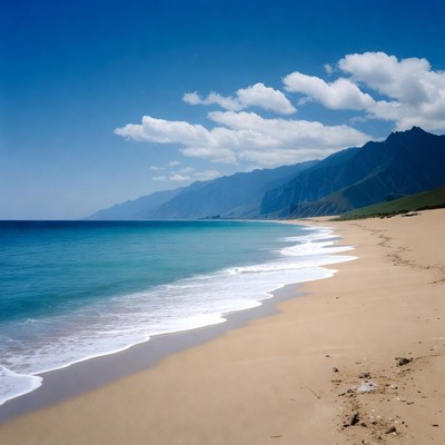 Sandy Beach with Mountains and Ocean