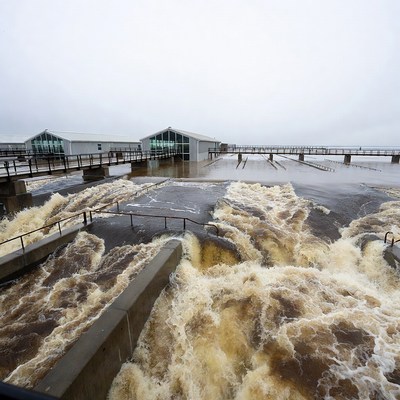 Spilling Dam with Walkways and Buildings