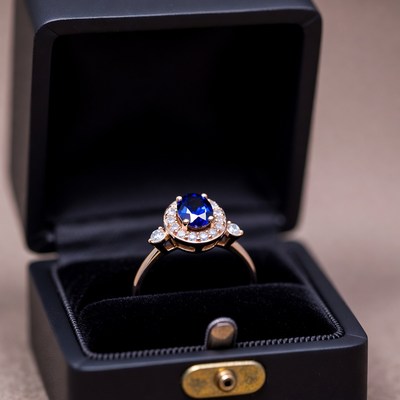 Blue Sapphire Ring in Open Black Box