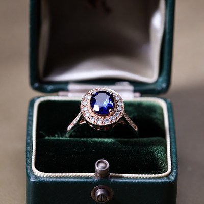 Sapphire Ring in Open Green Velvet Box