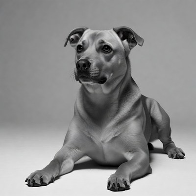 Pitbull lying on gray background