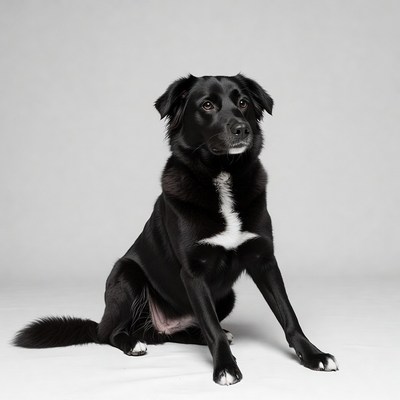 Black dog sitting on white background