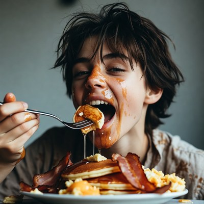 Boy eating pancakes with syrup