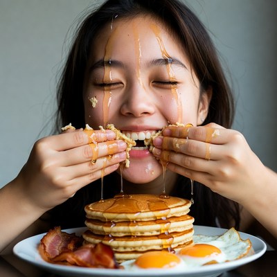 Asian girl eating pancakes with syrup