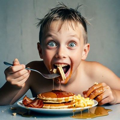 Boy eating pancakes with wide eyes