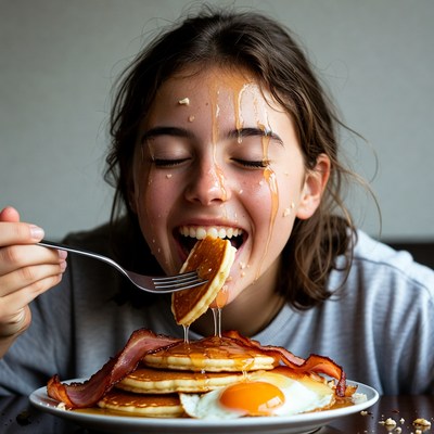 Girl eating pancakes with syrup and bacon