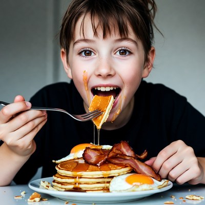 Girl eating pancakes with eggs and bacon
