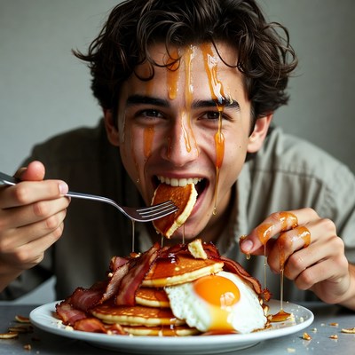 Young man eating pancakes with syrup