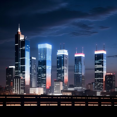 Night Skyline with Illuminated Skyscrapers
