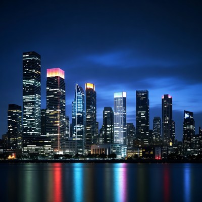 Vibrant Night Skyline Over River