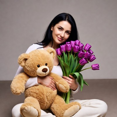 Woman holding teddy bear and purple tulips