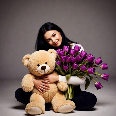 Woman hugging teddy bear with tulips