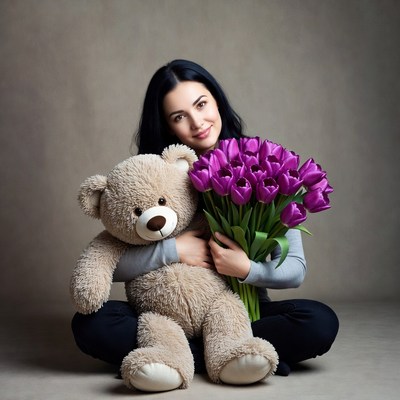 Woman hugging teddy bear with tulips