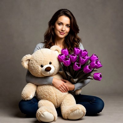 Woman holding teddy bear and tulips