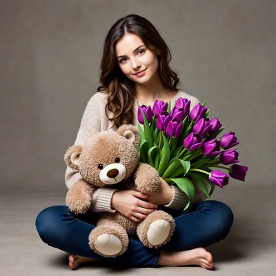 Woman holding teddy bear and purple tulips
