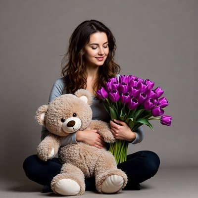 Woman holding teddy bear and tulips