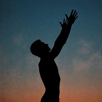 Silhouette man raising hands to sky