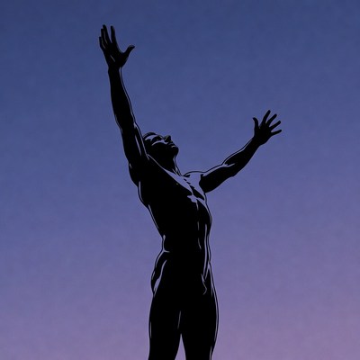 Muscular man raising arms silhouette