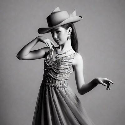 Asian woman in cowboy hat and beaded dress