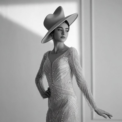 Woman in Beaded Gown and Wide-Brimmed Hat