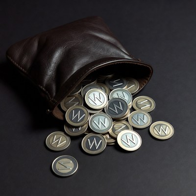 Brown leather pouch spilling W coins