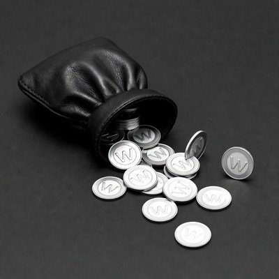 Black leather pouch spilling silver coins