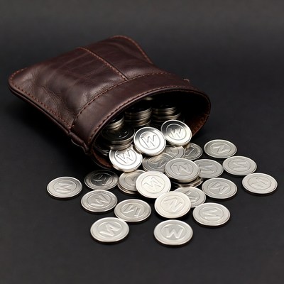 Brown leather pouch spilling silver coins